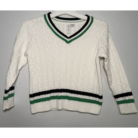 Kids Janie and Jack Cable Knit V Neck Sweater White Green Black Striped 18-24M - Picture 2 of 5